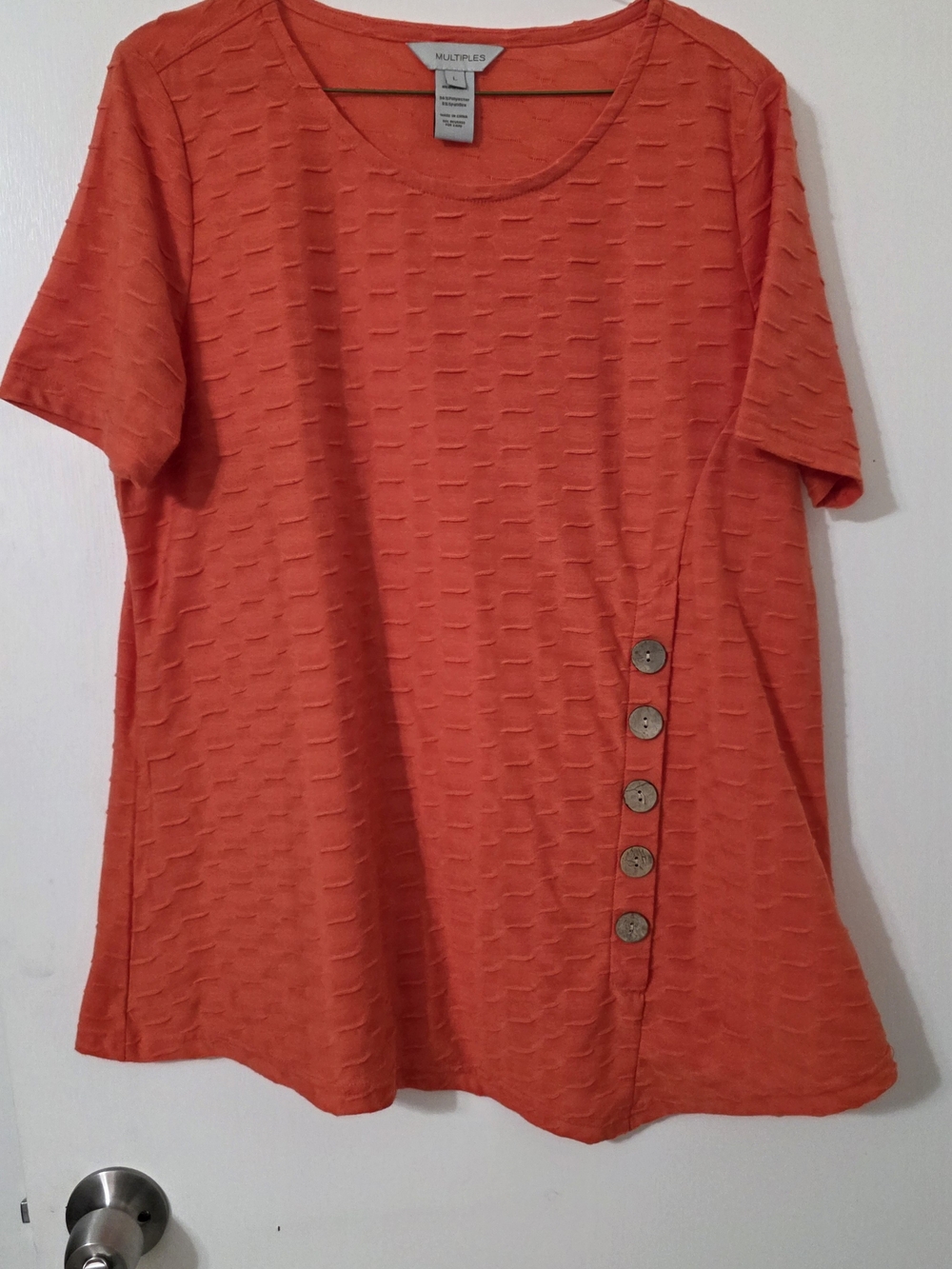 Multiples Orange Short-Sleeve Knit Top with Side Button Detail